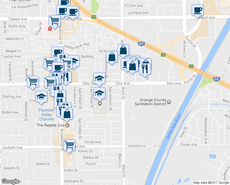 map of restaurants, bars, coffee shops, grocery stores, and more near 10437 Waxwing Circle in Fountain Valley