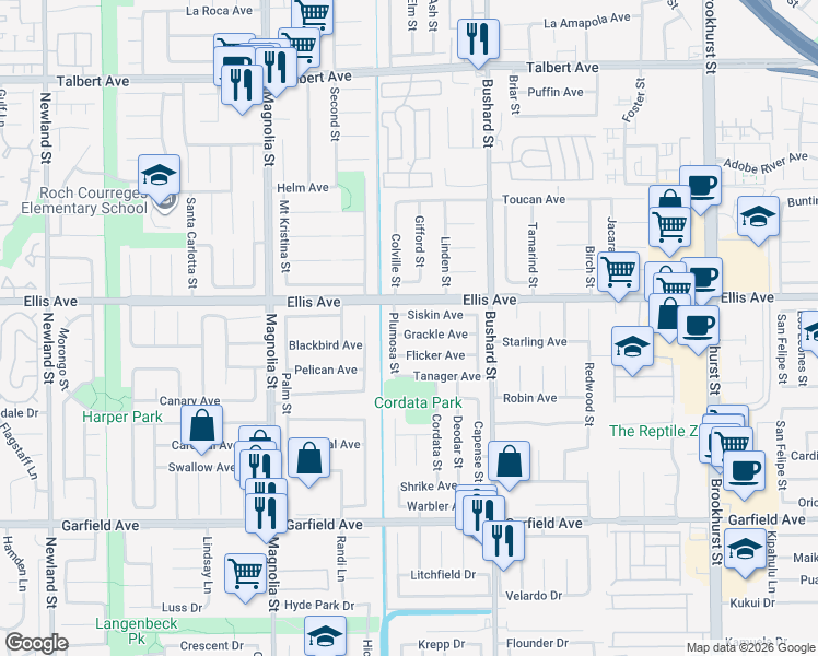map of restaurants, bars, coffee shops, grocery stores, and more near 9333 Grackle Avenue in Fountain Valley