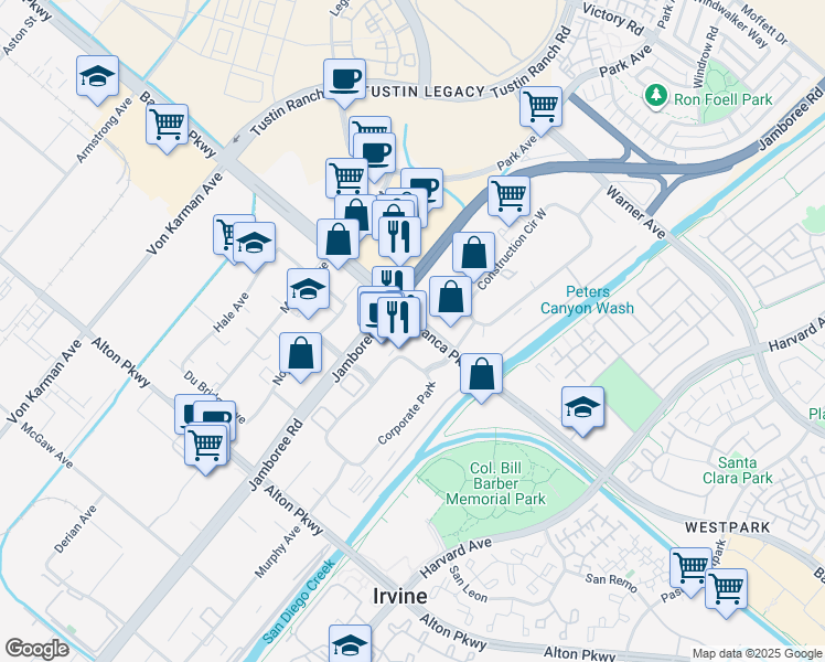 map of restaurants, bars, coffee shops, grocery stores, and more near 80 Corporate Park in Irvine