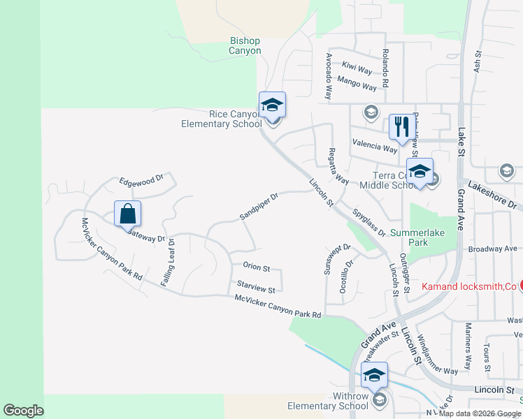 map of restaurants, bars, coffee shops, grocery stores, and more near 29248 Sandpiper Drive in Lake Elsinore
