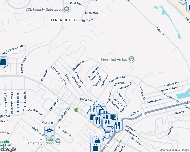 map of restaurants, bars, coffee shops, grocery stores, and more near Maes Street in Lake Elsinore