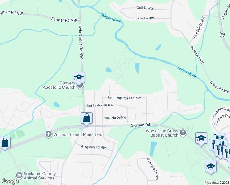 map of restaurants, bars, coffee shops, grocery stores, and more near 1789 Riverridge Drive Northwest in Conyers