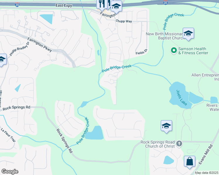 map of restaurants, bars, coffee shops, grocery stores, and more near 5846 Par Four Court in Stonecrest