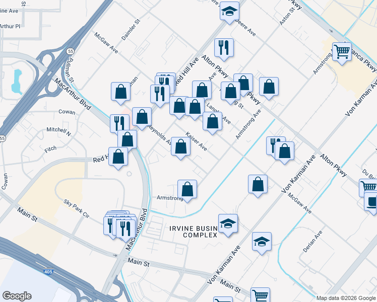 map of restaurants, bars, coffee shops, grocery stores, and more near 1761 Reynolds Avenue in Irvine