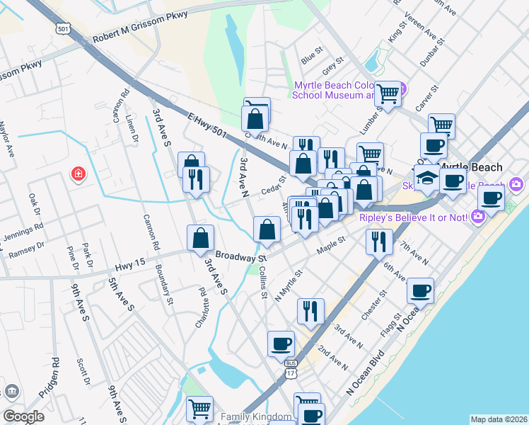 map of restaurants, bars, coffee shops, grocery stores, and more near 904 3rd Avenue North in Myrtle Beach