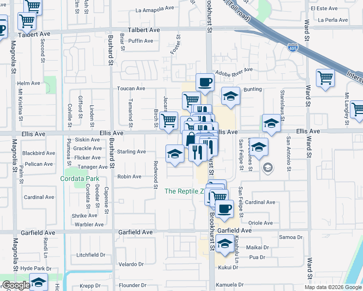map of restaurants, bars, coffee shops, grocery stores, and more near 18568 Callens Circle in Fountain Valley