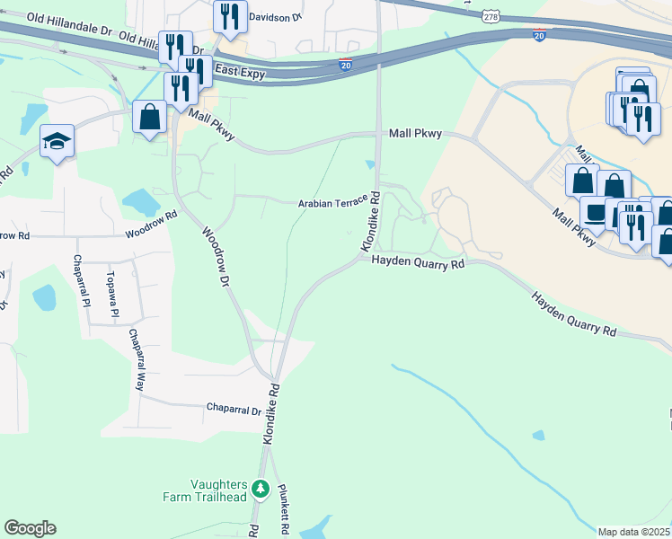 map of restaurants, bars, coffee shops, grocery stores, and more near 6815 Hayden Quarry Road in Stonecrest