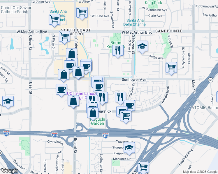 map of restaurants, bars, coffee shops, grocery stores, and more near 3400 Avenue of the Arts in Costa Mesa