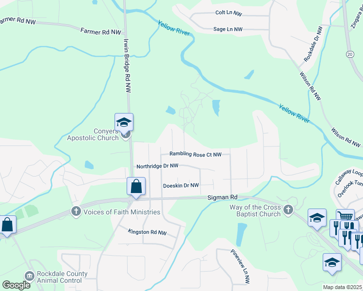 map of restaurants, bars, coffee shops, grocery stores, and more near 1789 Riverridge Drive Northwest in Conyers