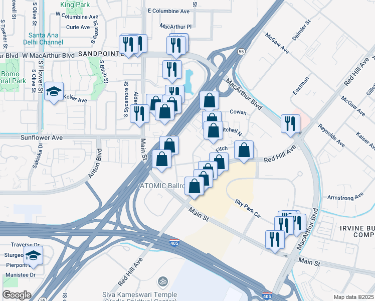 map of restaurants, bars, coffee shops, grocery stores, and more near 17941 Mitchell South in Irvine