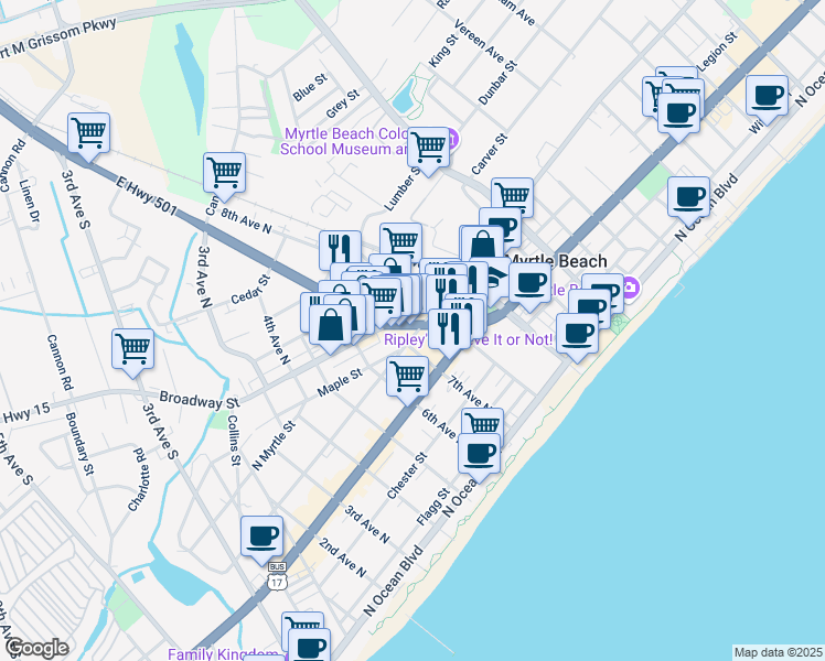 map of restaurants, bars, coffee shops, grocery stores, and more near 704 Main Street in Myrtle Beach