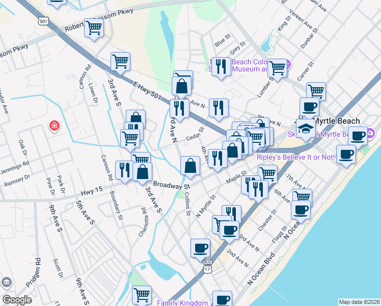 map of restaurants, bars, coffee shops, grocery stores, and more near 904 3rd Avenue North in Myrtle Beach
