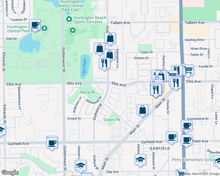 map of restaurants, bars, coffee shops, grocery stores, and more near 18551 Amalia Lane in Huntington Beach