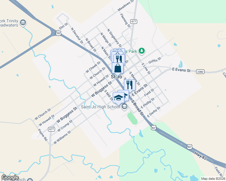 map of restaurants, bars, coffee shops, grocery stores, and more near 208 West Crump Street in Saint Jo