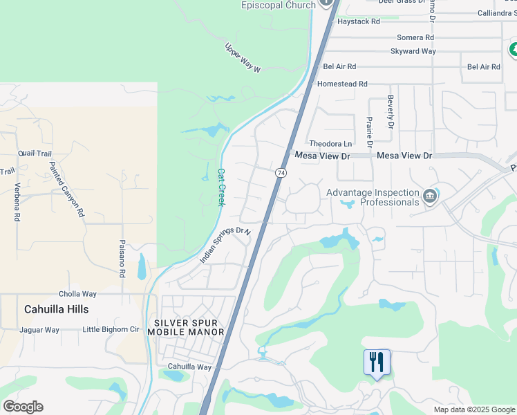 map of restaurants, bars, coffee shops, grocery stores, and more near 48864 Desert Flower Drive in Palm Desert