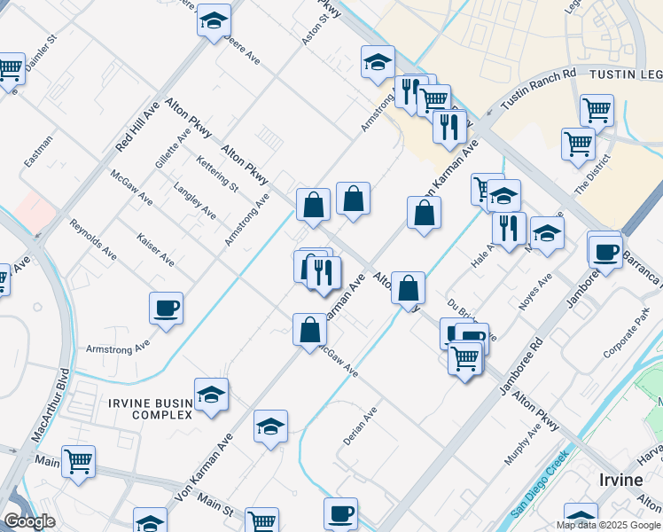 map of restaurants, bars, coffee shops, grocery stores, and more near 156 Unity Street in Irvine