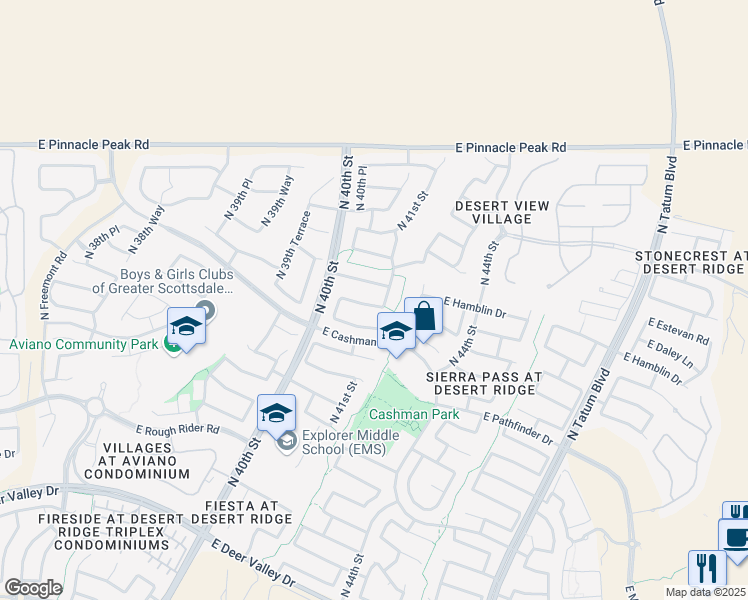 map of restaurants, bars, coffee shops, grocery stores, and more near 4040 East Kirkland Road in Phoenix
