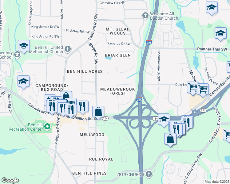 map of restaurants, bars, coffee shops, grocery stores, and more near 2297 Cherry Blossom Drive Southwest in Atlanta