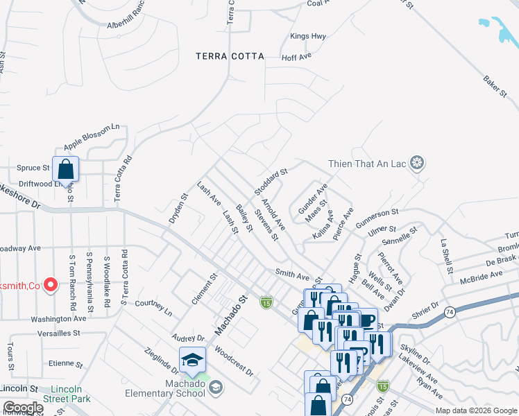 map of restaurants, bars, coffee shops, grocery stores, and more near 16350 Stevens Street in Lake Elsinore