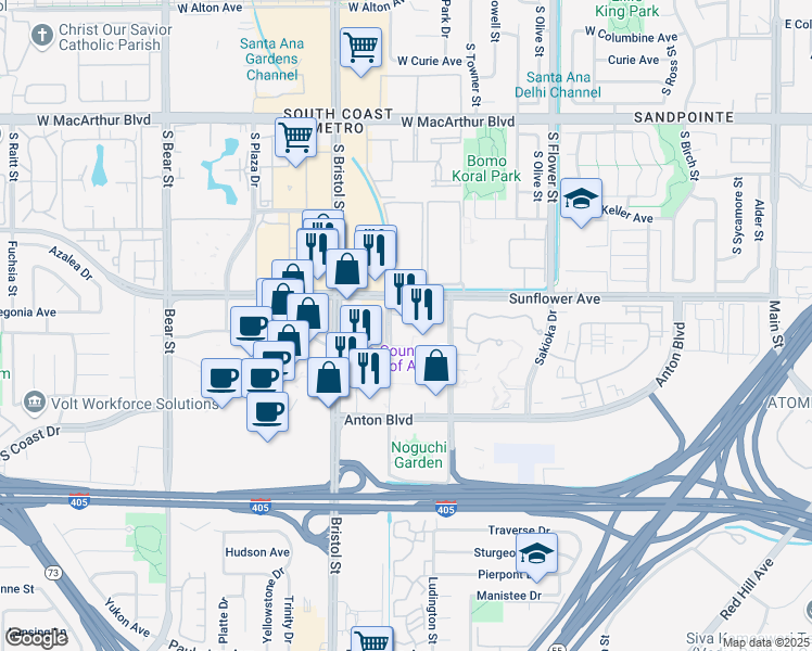 map of restaurants, bars, coffee shops, grocery stores, and more near 3401-3447 Park Center Dr in Costa Mesa