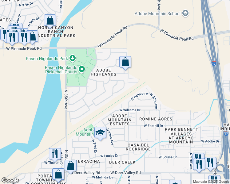 map of restaurants, bars, coffee shops, grocery stores, and more near 3201 West Adobe Dam Road in Phoenix