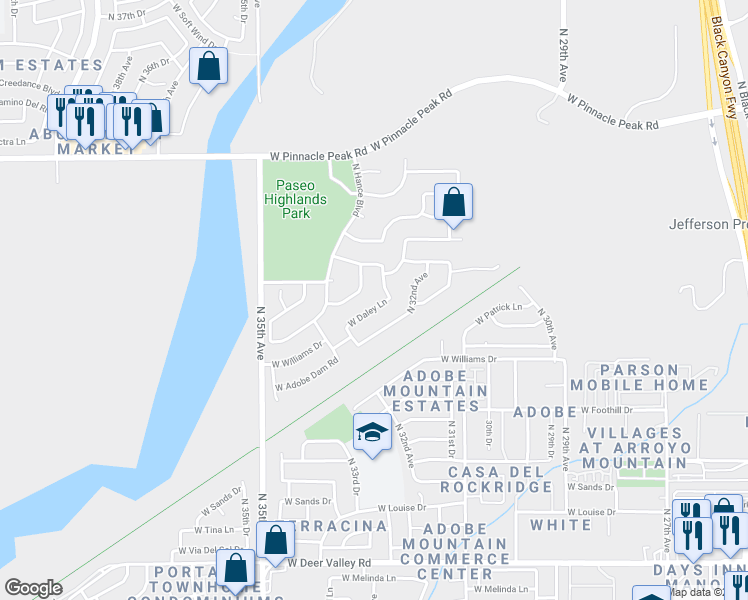 map of restaurants, bars, coffee shops, grocery stores, and more near 3234 West Daley Lane in Phoenix