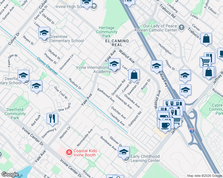 map of restaurants, bars, coffee shops, grocery stores, and more near 14781 Doncaster Road in Irvine