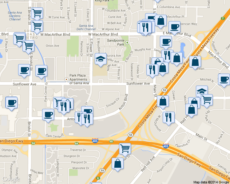 map of restaurants, bars, coffee shops, grocery stores, and more near 407 Enclave Circle in Costa Mesa
