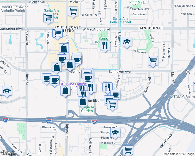 map of restaurants, bars, coffee shops, grocery stores, and more near 3400 Avenue of the Arts in Costa Mesa