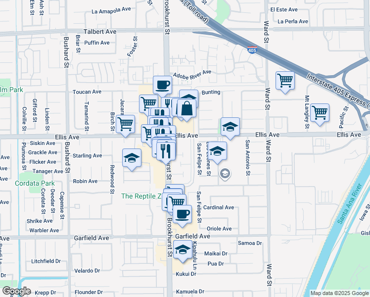 map of restaurants, bars, coffee shops, grocery stores, and more near 18569 San Marcos Street in Fountain Valley