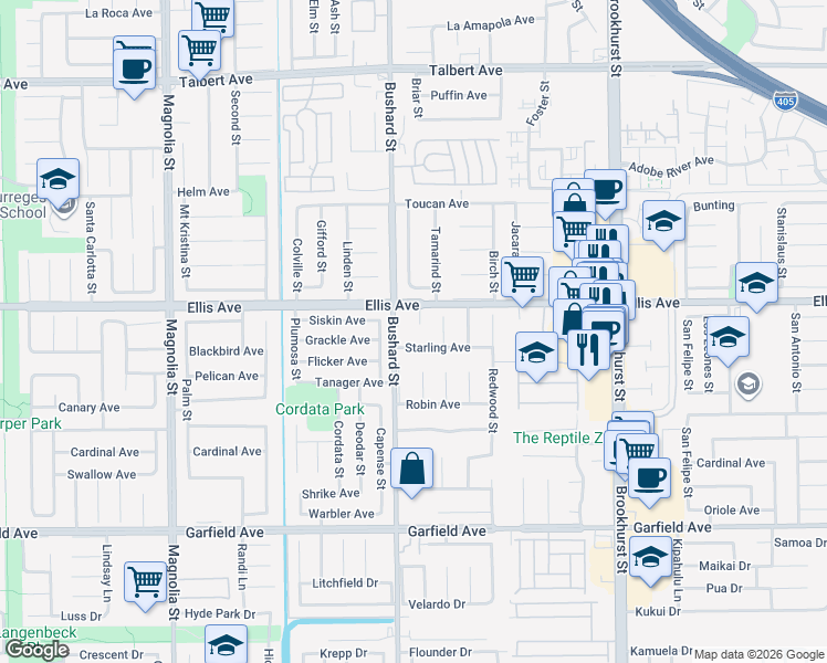 map of restaurants, bars, coffee shops, grocery stores, and more near 9575 Starling Avenue in Fountain Valley