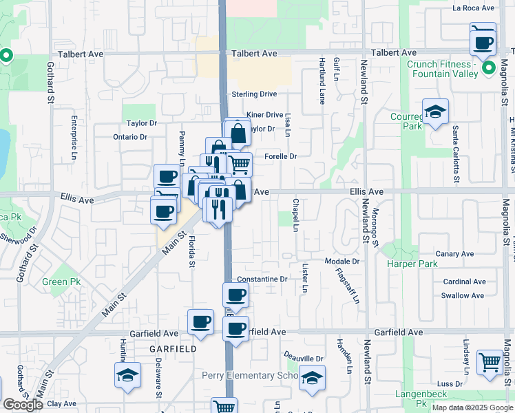 map of restaurants, bars, coffee shops, grocery stores, and more near 8102 Ellis Avenue in Huntington Beach