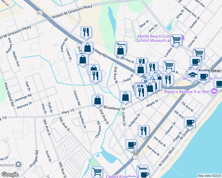 map of restaurants, bars, coffee shops, grocery stores, and more near 909 3rd Avenue South in Myrtle Beach
