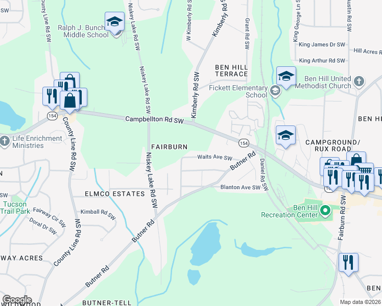 map of restaurants, bars, coffee shops, grocery stores, and more near 4145 Waits Avenue Southwest in Atlanta