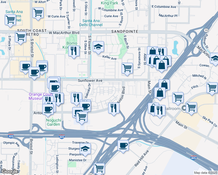 map of restaurants, bars, coffee shops, grocery stores, and more near 421 Enclave Circle in Costa Mesa