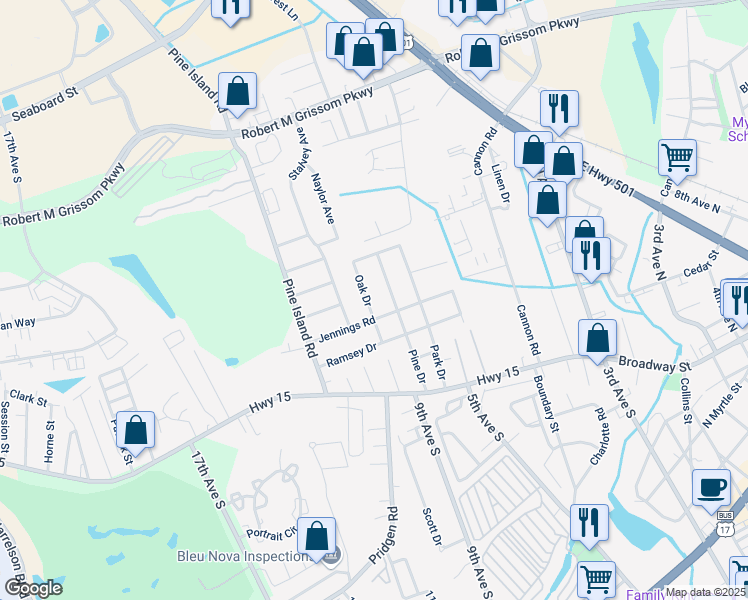 map of restaurants, bars, coffee shops, grocery stores, and more near 1090 Oak Drive in Myrtle Beach