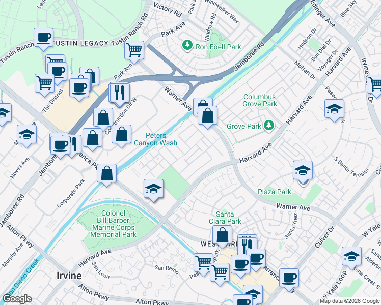 map of restaurants, bars, coffee shops, grocery stores, and more near 56 Fringe Tree in Irvine
