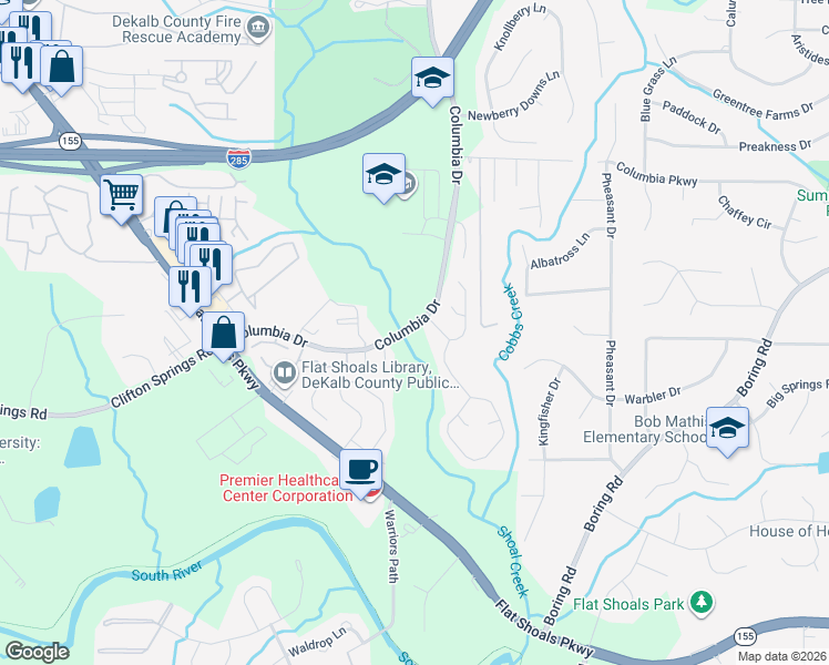 map of restaurants, bars, coffee shops, grocery stores, and more near 3091 Columbia Drive in Decatur