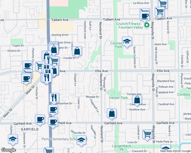 map of restaurants, bars, coffee shops, grocery stores, and more near 18601 Newland Street in Huntington Beach