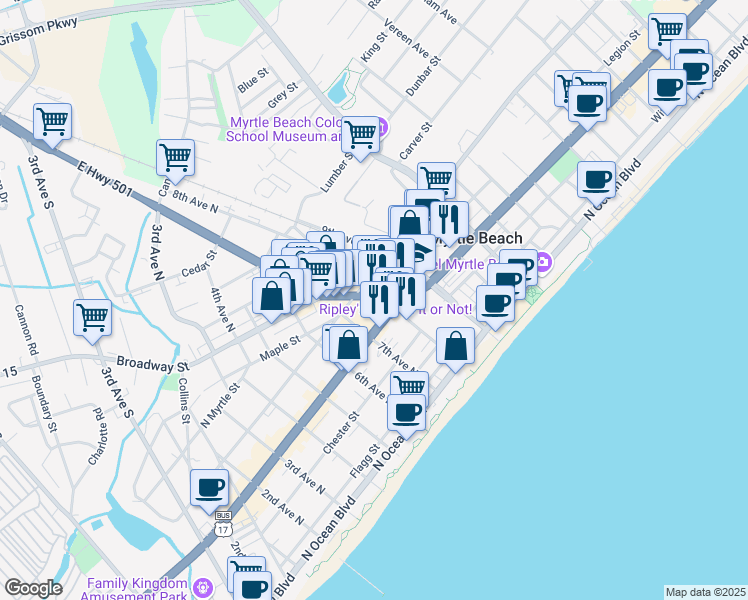 map of restaurants, bars, coffee shops, grocery stores, and more near 742 Main Street in Myrtle Beach