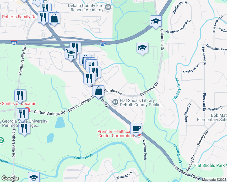 map of restaurants, bars, coffee shops, grocery stores, and more near 3198 Quince Tree Lane in Decatur