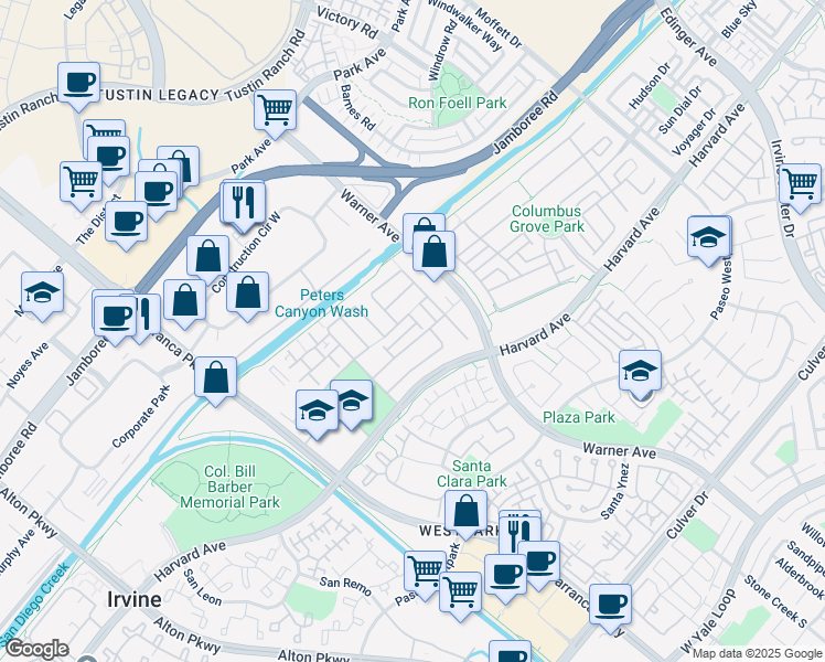 map of restaurants, bars, coffee shops, grocery stores, and more near 59 Juneberry in Irvine