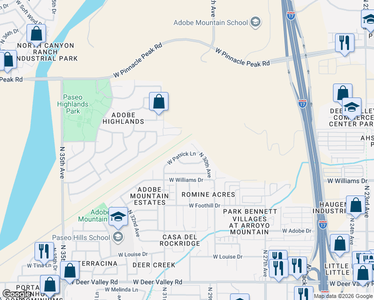 map of restaurants, bars, coffee shops, grocery stores, and more near 22806 North 30th Avenue in Phoenix