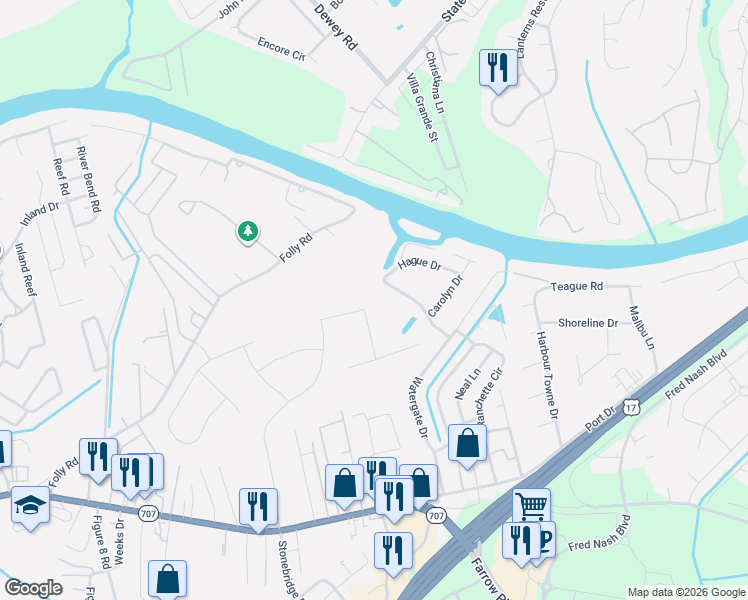 map of restaurants, bars, coffee shops, grocery stores, and more near 1 Hague Drive in Myrtle Beach