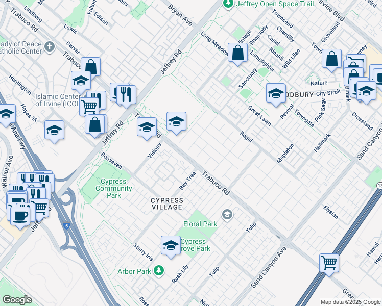 map of restaurants, bars, coffee shops, grocery stores, and more near 22 Sanctuary in Irvine