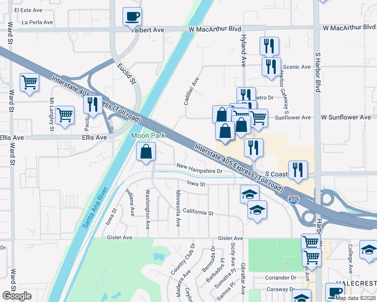map of restaurants, bars, coffee shops, grocery stores, and more near 3338 Maryland Circle in Costa Mesa