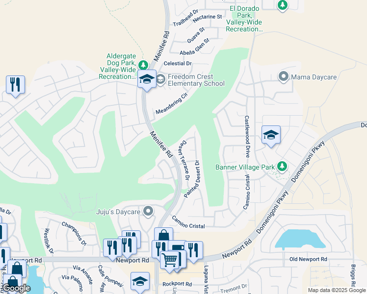 map of restaurants, bars, coffee shops, grocery stores, and more near 29450 Desert Terrace Drive in Menifee
