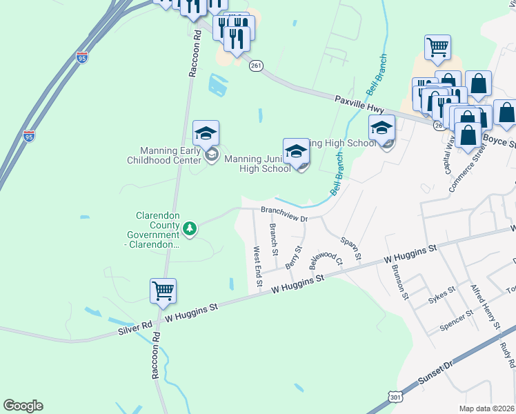 map of restaurants, bars, coffee shops, grocery stores, and more near 57 West End Street in Manning