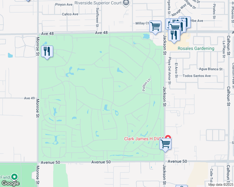 map of restaurants, bars, coffee shops, grocery stores, and more near 82627 Hamilton Court in Indio