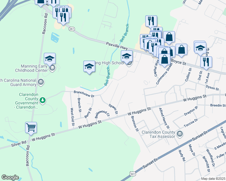 map of restaurants, bars, coffee shops, grocery stores, and more near 723 Barnwell Road in Manning